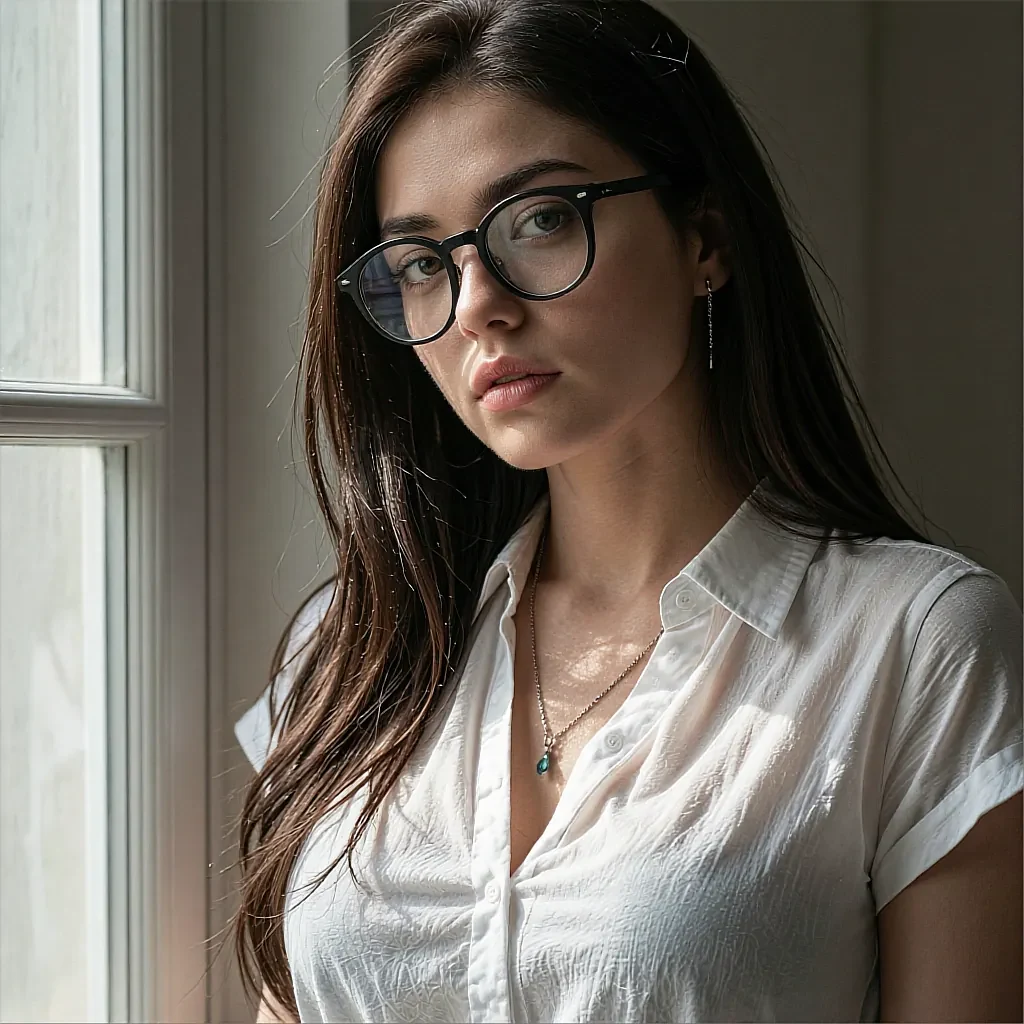 Contact-sheet frame of a dark-haired fictional AI character in glasses by a window