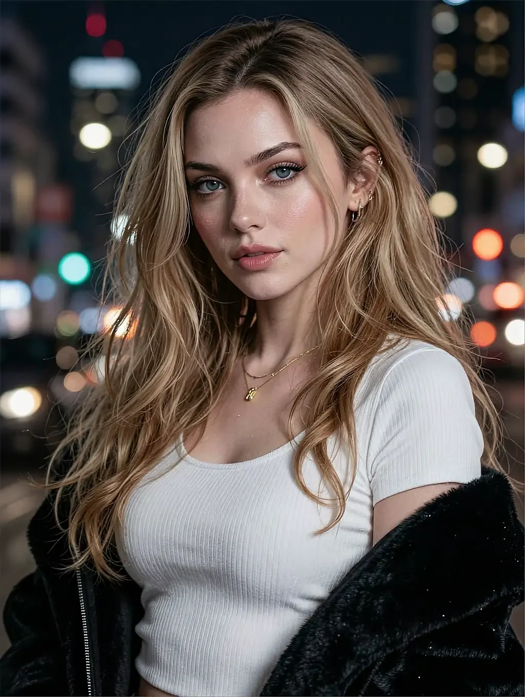 Daisy, a fictional AI character with long blonde hair against night-time city lights