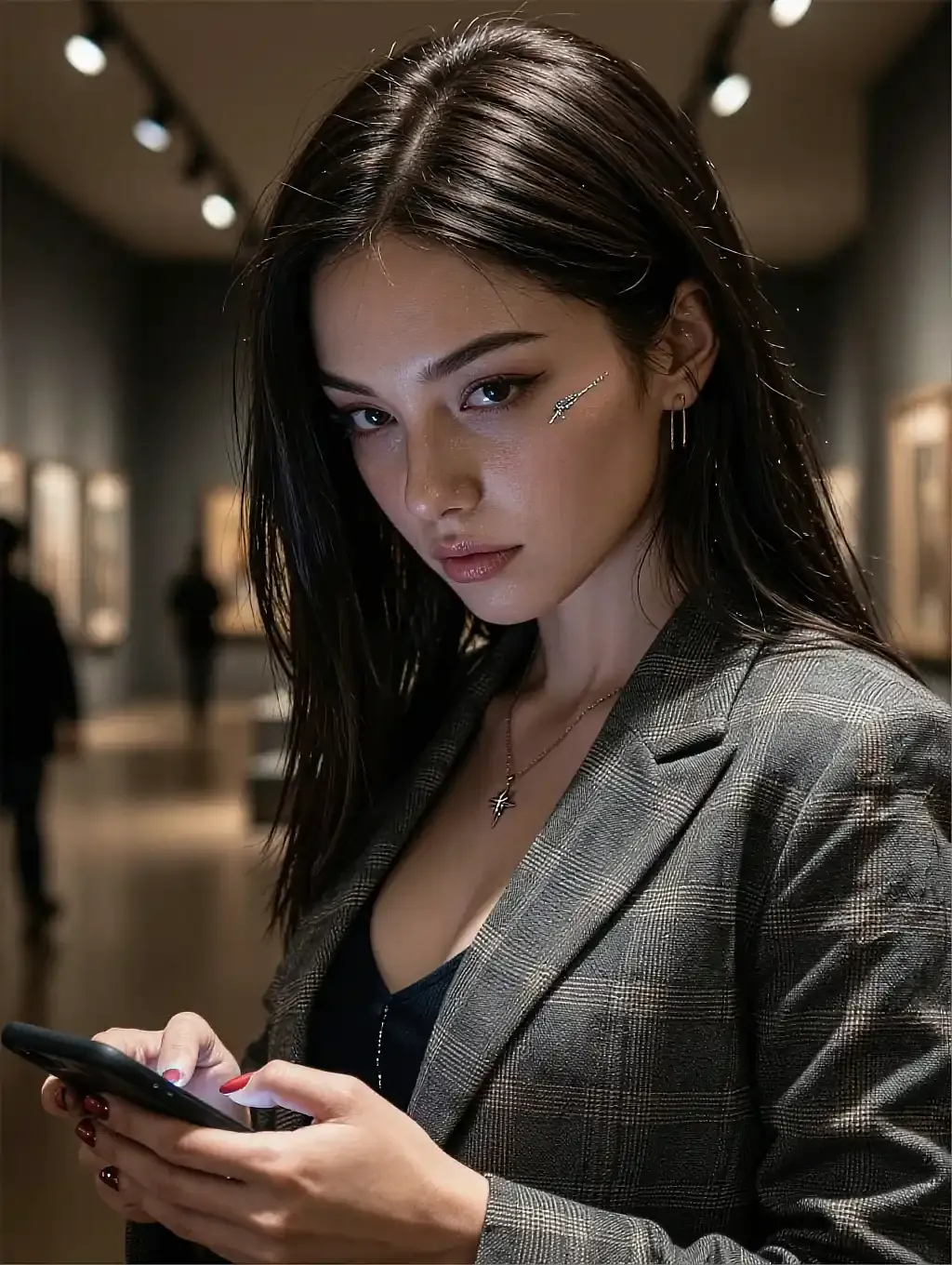 Fictional AI character in a grey blazer checking a phone in a lit lobby
