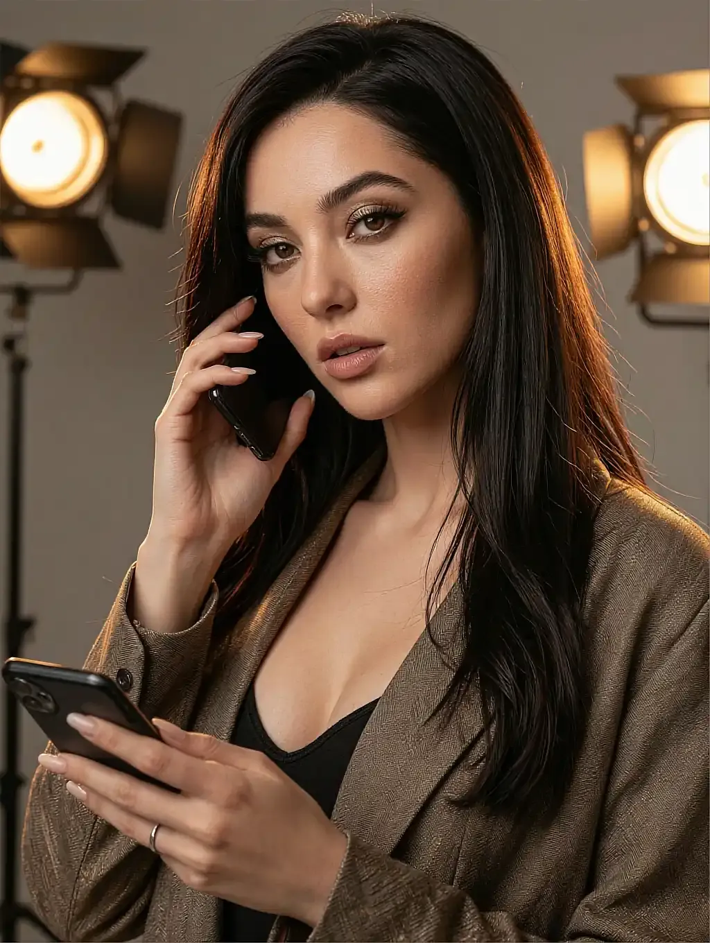 Fictional AI character in a tan blazer taking a call between two lit studio lamps