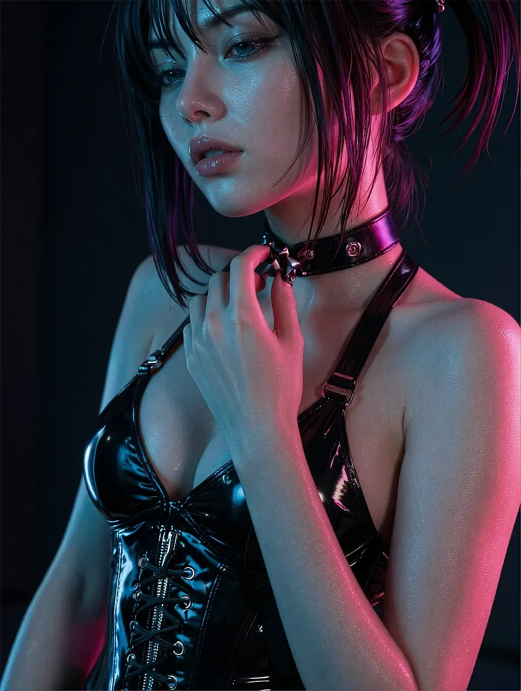 Fictional AI character in a dark top and choker, lit in pink against black