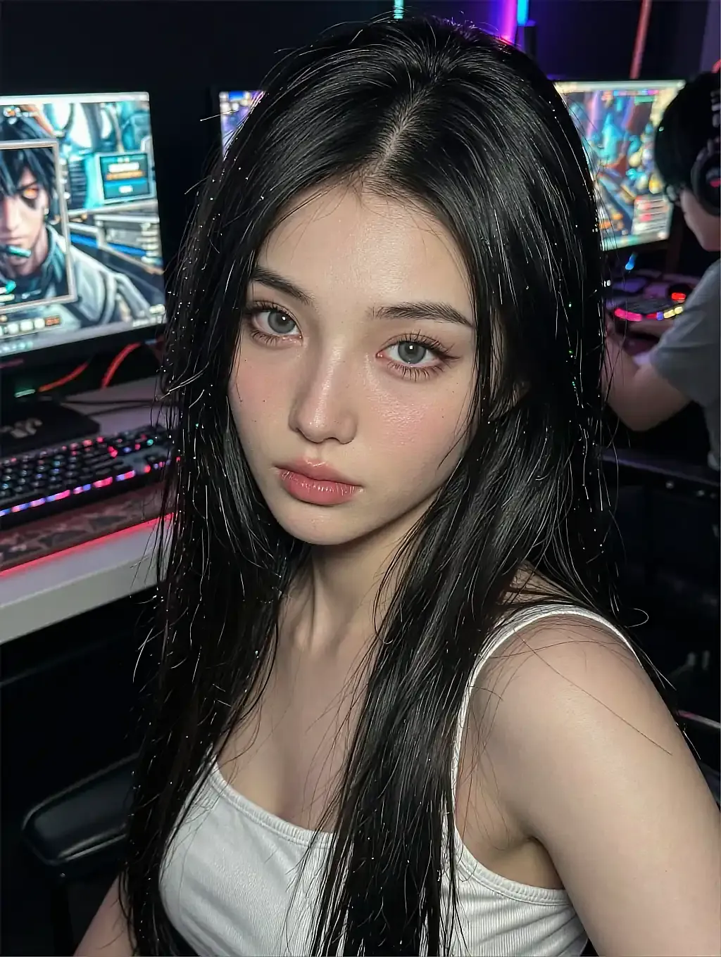 Fictional adult AI character in a white top in front of glowing screens