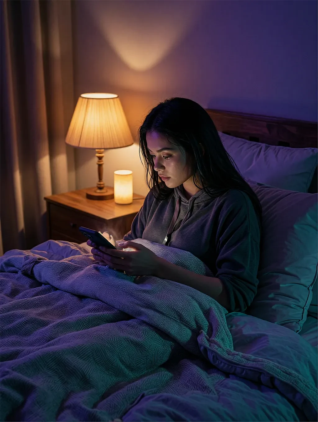 Fictional adult AI character in bed with a phone, lit by a single bedside lamp